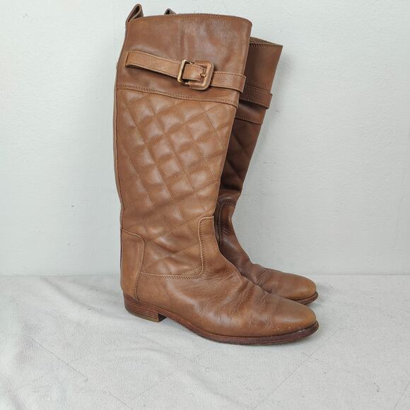 Burberry‎ Quilted Leather Riding Boots Womens 38 8 Tan Brown Preppy Western - Picture 2 of 10